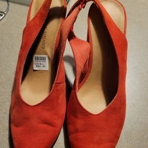 Red block heel pumps